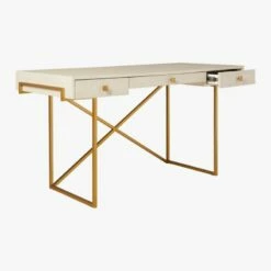 Avalon 3-Drawer Gold Desk With Ivory Shagreen Top -marin sHOP AvalonIvoryFauxShgrnDesk3QAVS20