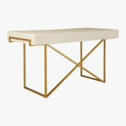 Avalon 3-Drawer Gold Desk With Ivory Shagreen Top -marin sHOP AvalonIvoryFauxShgrnDesk3QB20
