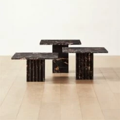 3-Piece Carve Square Black Marble Side Table Set