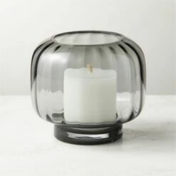 Coco Ribbed Glass Dark Grey Hurricane Candle Holder Small