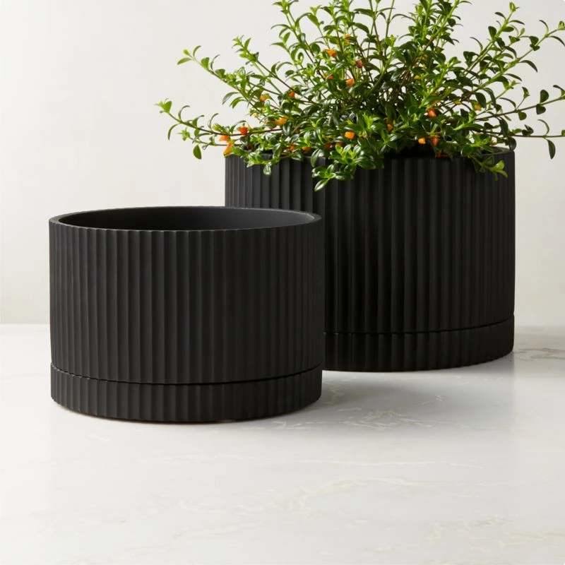 Fold Black Cement Indoor Planter With Tray Large 4 Fold Black Cement Indoor Planter With Tray Large - Image 2