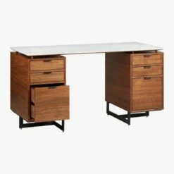 Fullerton 6-Drawer Walnut Wood Desk With White Marble Top -marin sHOP FullertonMdlrDskW2DrwrsAVS18