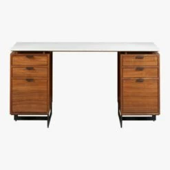 Fullerton 6-Drawer Walnut Wood Desk With White Marble Top -marin sHOP FullertonMdlrDskW2DrwrsS18