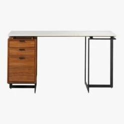 Fullerton 3-Drawer Metal And Walnut Wood Desk With White Marble Top -marin sHOP FullertonMdlrDskWDrwrLegS18