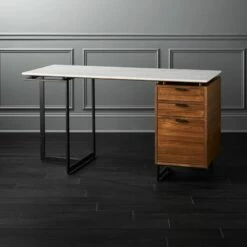 Fullerton 3-Drawer Metal And Walnut Wood Desk With White Marble Top