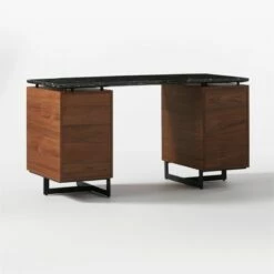 Fullerton 6-Drawer Walnut Wood Desk With Black Marble Top 14 Fullerton 6-Drawer Walnut Wood Desk With Black Marble Top -marin sHOP FullertonModBkDkW2WltDrw3QBF20