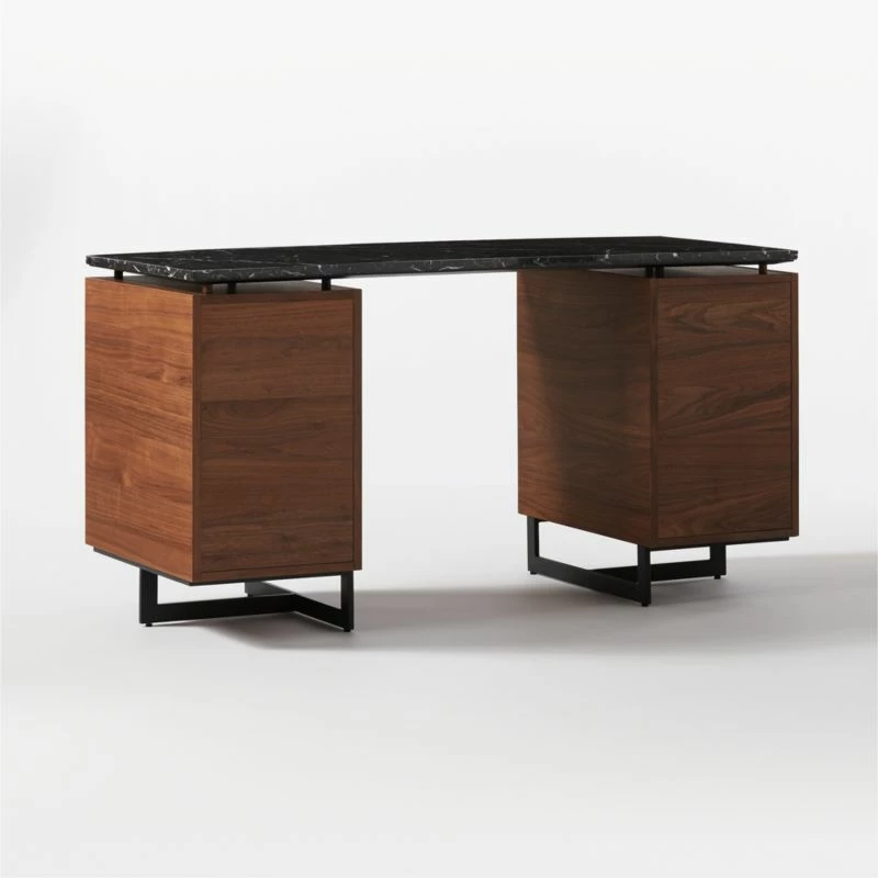 Fullerton 6-Drawer Walnut Wood Desk With Black Marble Top 8 Fullerton 6-Drawer Walnut Wood Desk With Black Marble Top - Image 6