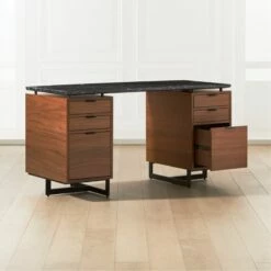 Fullerton 6-Drawer Walnut Wood Desk With Black Marble Top 11 Fullerton 6-Drawer Walnut Wood Desk With Black Marble Top -marin sHOP FullertonModBkDkW2WltDrwAV2SHF20 1x1