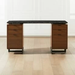 Fullerton 6-Drawer Walnut Wood Desk With Black Marble Top