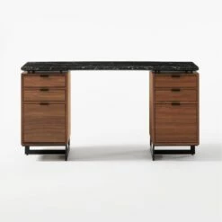 Fullerton 6-Drawer Walnut Wood Desk With Black Marble Top 12 Fullerton 6-Drawer Walnut Wood Desk With Black Marble Top -marin sHOP FullertonModBkDkW2WltDrwSOF20