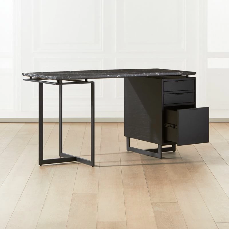 Fullerton 3-Drawer Black Metal And Oak Wood Desk With Black Marble Top 5 Fullerton 3-Drawer Black Metal And Oak Wood Desk With Black Marble Top - Image 3