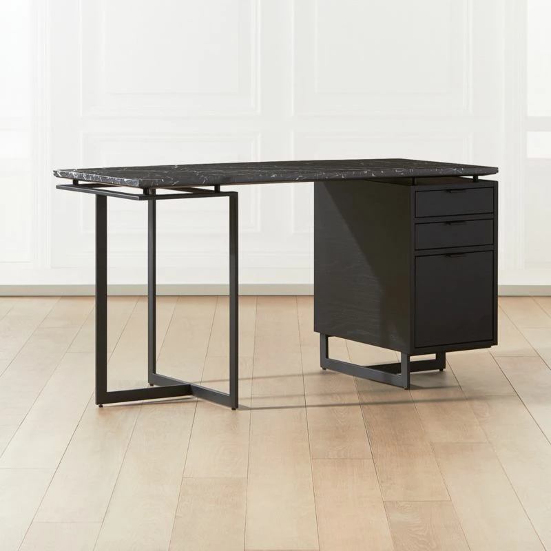 Fullerton 3-Drawer Black Metal And Oak Wood Desk With Black Marble Top 4 Fullerton 3-Drawer Black Metal And Oak Wood Desk With Black Marble Top - Image 2
