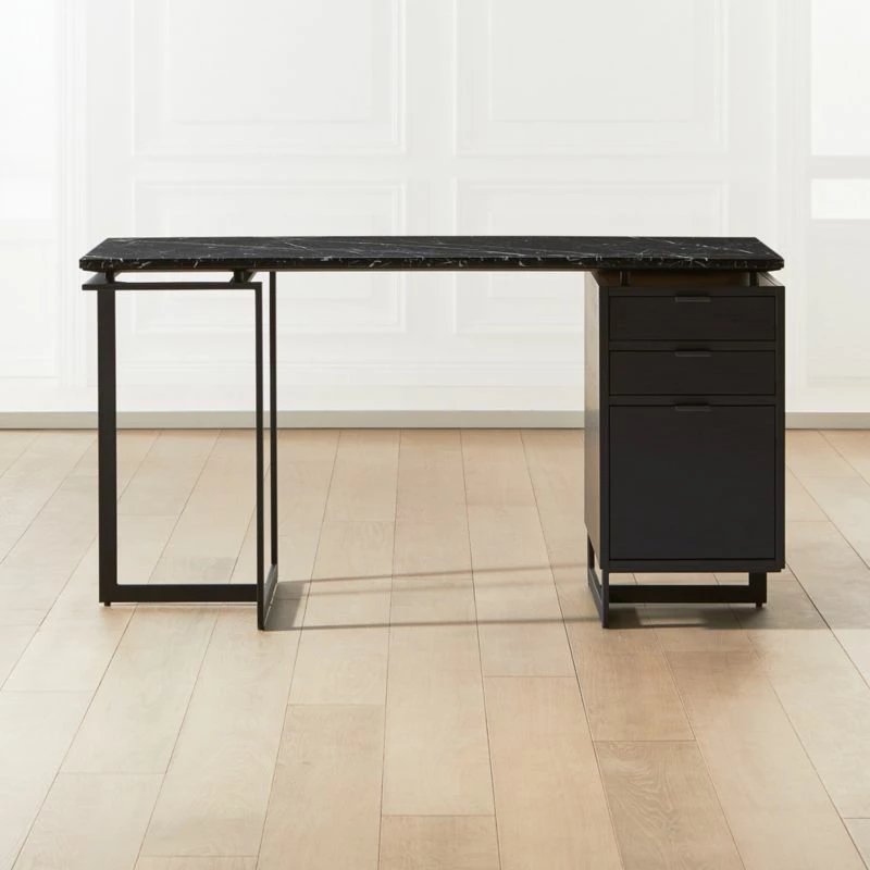 Fullerton 3-Drawer Black Metal And Oak Wood Desk With Black Marble Top 3 Fullerton 3-Drawer Black Metal And Oak Wood Desk With Black Marble Top