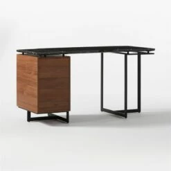 Fullerton 3-Drawer Metal And Walnut Wood Desk With Black Marble Top -marin sHOP FullertonModBkDkWWlDrNLg3QBF20