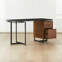 Fullerton 3-Drawer Metal And Walnut Wood Desk With Black Marble Top -marin sHOP FullertonModBkDkWWlDrNLgAV2SHF20 1x1
