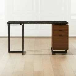 Fullerton 3-Drawer Metal And Walnut Wood Desk With Black Marble Top