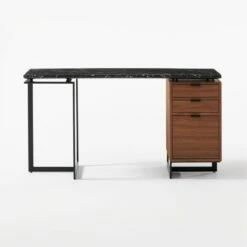 Fullerton 3-Drawer Metal And Walnut Wood Desk With Black Marble Top -marin sHOP FullertonModBkDkWWlDrNLgSOF20