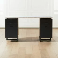 Fullerton 6-Drawer Black Oak Wood Desk With White Marble Top