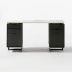 Fullerton 6-Drawer Black Oak Wood Desk With White Marble Top -marin sHOP FullertonModWtDkW2BkDrwSOF20