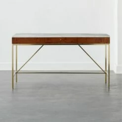 Irwin Burl Wood Desk With Travertine Top Model 8804