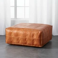 Large Brown Leather Ottoman Pouf