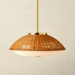 Moro Polished Brass And Rattan Pendant Light -marin sHOP MoroRttnNGlsPendantROS23